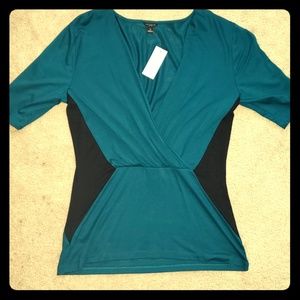 Flattering Teal Blouse with Black Side Panels